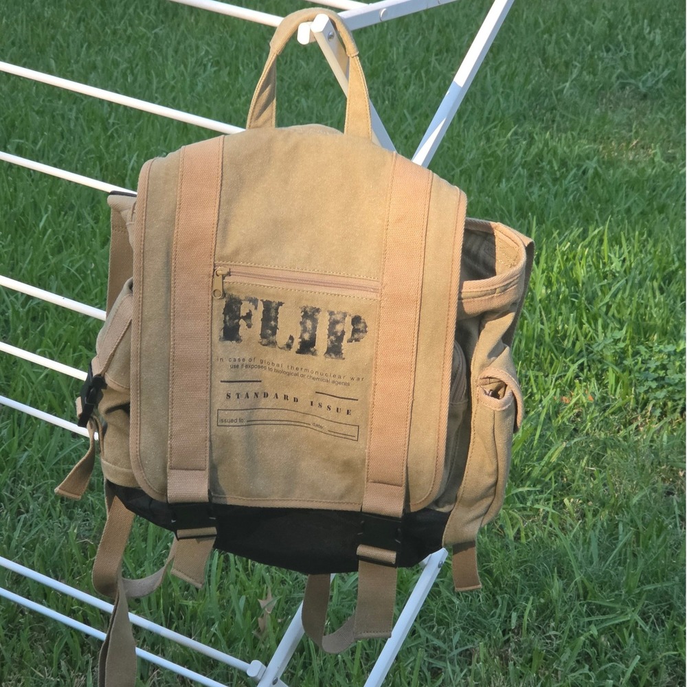 Vintage Style Khaki Canvas Utility Backpack Multi Pocket Rucksack Military Look